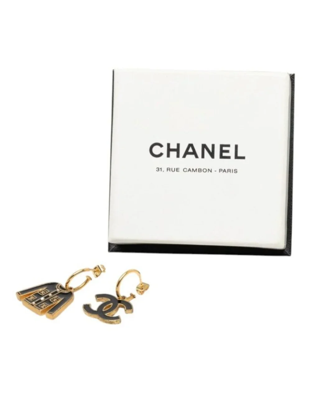 Chanel CC Logo Jacket Motif Earrings Gold Black Plated